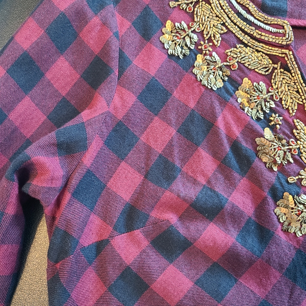 Soft Surroundings Webster Tunic Top Women S Red Burgundy Plaid Embellished Gypsy - Picture 7 of 16